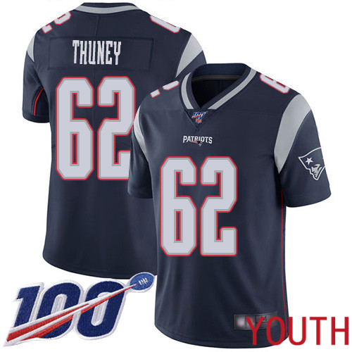 New England Patriots Football #62 Vapor Untouchable 100th Season Limited Navy Blue Youth Joe Thuney Home NFL Jersey->youth nfl jersey->Youth Jersey